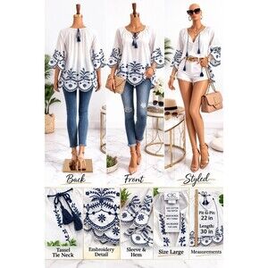 C/C Chic Connection Women L White Boho Peasant Tunic Blouse Royal Blue Embroider